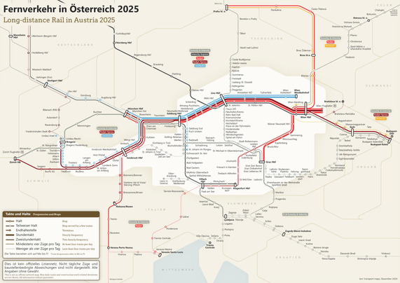 Diagram of the long-distance trains in Austria, customised octolinear structure with flatter diagonal axes, red and grey are the dominant line colours, many terminus of international lines are included in the map (such as Zurich, Venice, Budapest, Prague)