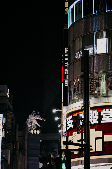 photo of the famous street in Shinjuku, Tokyo where the Godzilla head is looking from a skyscraper.