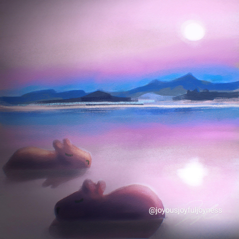 Painting of two sleeping capybaras at the bottom right. At the top right is the moon rising with its reflection in the water. The artist's signature and watermark @joyousjoyfuljoyness are at the bottom right.