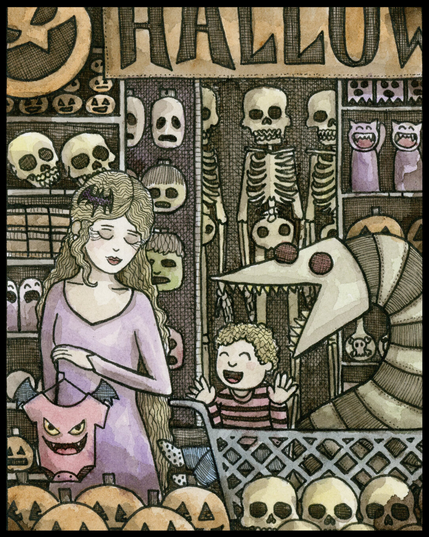 This painting was fun to do. I really wanted to make a scene in a Halloween section of a shop. That kid is way too happy, though