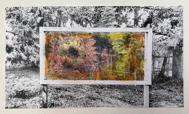Pixelated black-and-white print of roadside sign frame against trees with superimposed color image of sunflowers inside.  