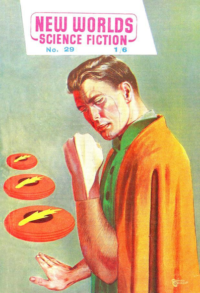 A  man wearing a cloak holds one hand down at waist level, flat and angled toward three floating objects a little like frisbees; his other hand appears artificial (there's a join where it meets his natural skin) or perhaps a special glove. He is looking at it solemnly. His face has a line like a seam around the outside of his eye and down to his chin.
New Worlds magazine cover from 1954.
