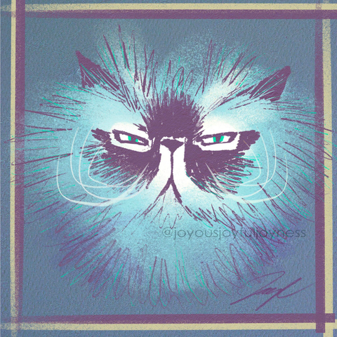 Painting of a grumpy fluffy cat in blue and white with a purple and yellow frame. The artist's signature and @joyousjoyfuljoyness watermark are at the bottom.