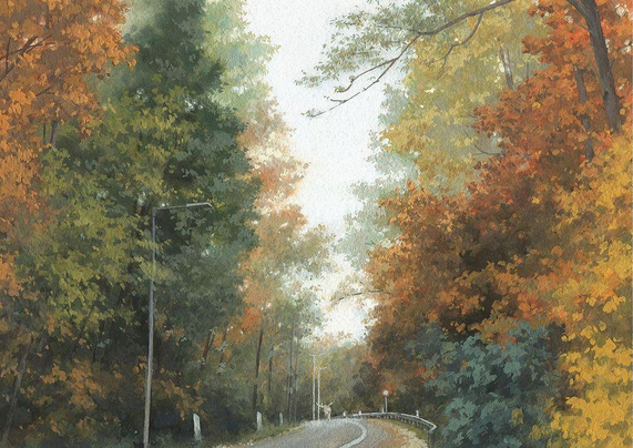 A painting of a road lined with trees in autumn colours. An elk is walking on the road.
