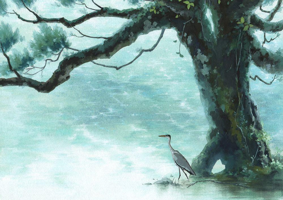A painting of a tree standing in water, featuring a heron.