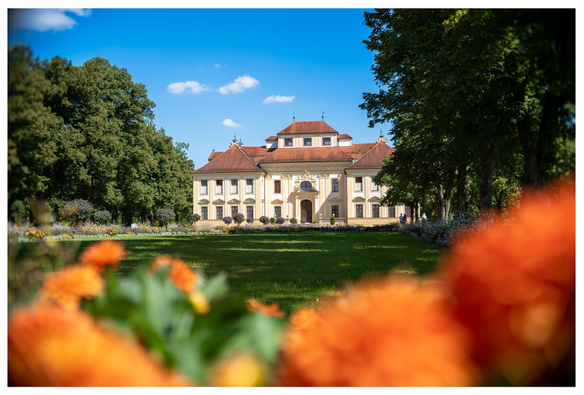 Park mit historischem Gebäude, im Vordergrund orangerote Blumen. 