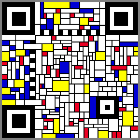 An arrangement of rectangles in the style of Piet Mondrian. They are mainly white rectangles divided by black lines, but some are coloured red, yellow and blue. In the four corners of the image are the black and white 'target' arrangements used to identify QR codes.