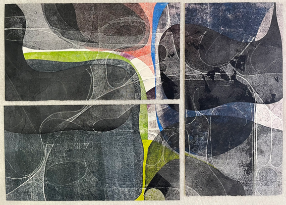 Three small heavily embossed monoprints on paper in shades of orange, green, blue, and black with textured, curved shapes and a range of tones in the inked areas.