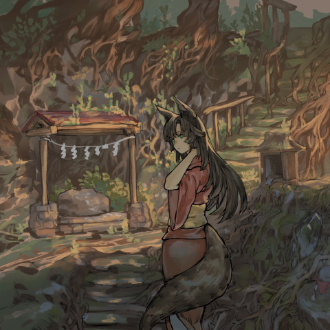 A digital painting of a foxgirl with black hair and green eyes wearing a red kimono with a gold obi. She's looking back over her shoulder at you as she walks up mossy stone stairs leading to a small shrine in the woods.