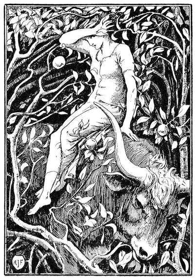 A woman is sitting on the back of a bull, making her way through a tangle of leaves and branches.