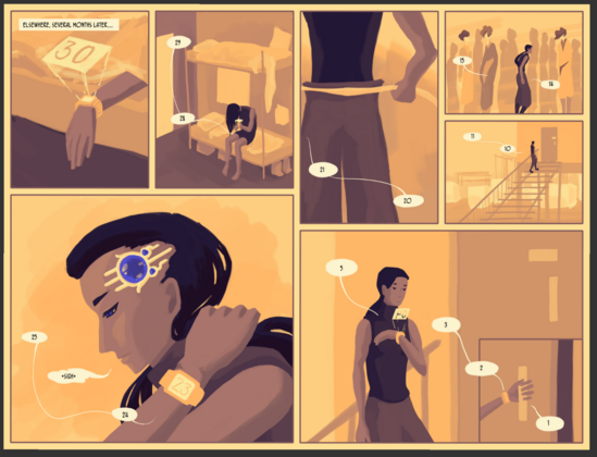 7 panel comic about a person getting ready for the day against a count down. for a full transcription, see https://nebulos.space/bta_04_transcription.html