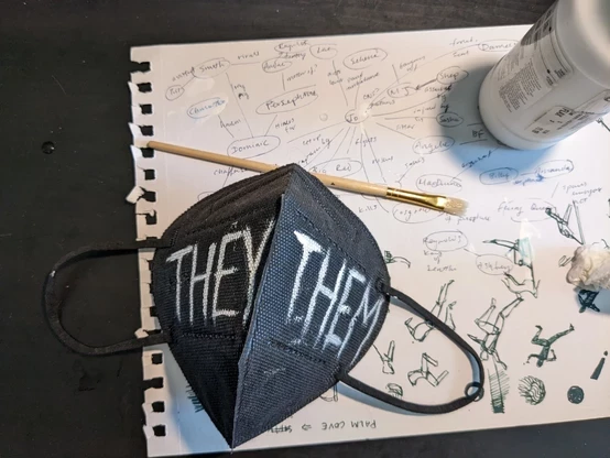a black n95 with they/them messily painted on it. It is very punk. 