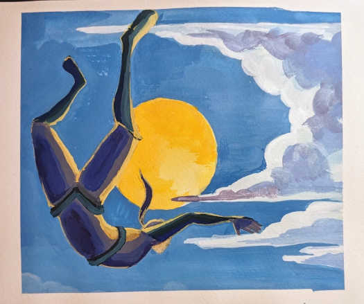 gouache painting of a person skydiving set against a big yellow sun and tall pillars of clouds