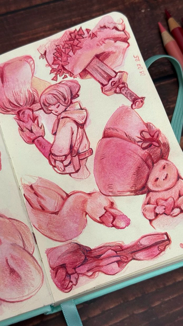 An open sketchbook with pink sketches of a girl, mushroom and bird.