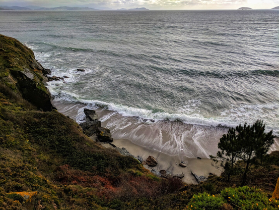 A high-angle shot overlooking a secluded, rocky cove on a cloudy day. In the foreground, the edge of a rugged cliff covered in dry, rust-coloured bracken, green shrubs, and yellow gorse slopes down towards a small sandy beach. White waves crash onto the shore and recede, leaving patterns on the wet sand. The dark, choppy sea stretches out to the horizon under a grey and white sky. In the distance, several small islands are visible through the haze.