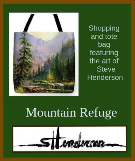 Tote bag featuring and original oil painting depicting a mountain scene of a peaceful river surrounded by trees.