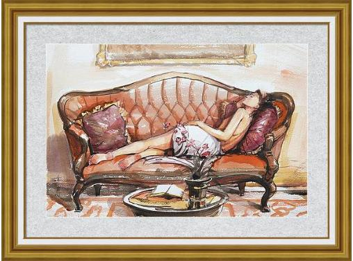 Framed print of an original watercolor painting depicting a young woman lounging on a settee in her living room.