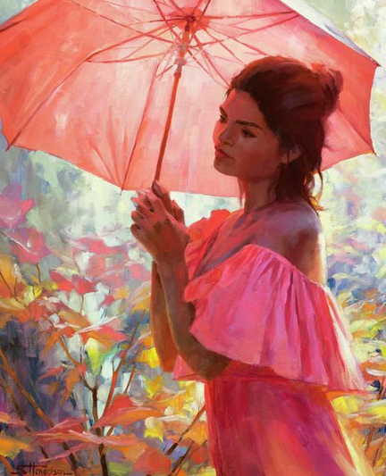 Art print of an original oil painting depicting a young woman, dressed in pink and holding a parasol, standing in the midst of a magical forest.