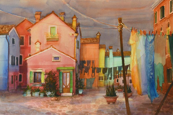 Art print of an original watercolor painting depicting colorful houses, a cobblestoned street, and laundry strung across the lines.