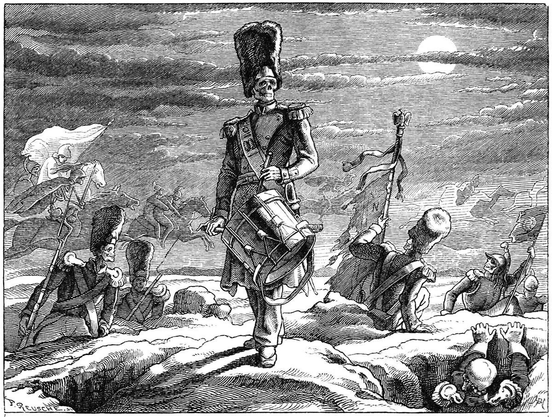 A dead Napoleonic soldier in full uniform beats the drum at night on a battlefield, causing the other dead soldiers to rise from their graves.