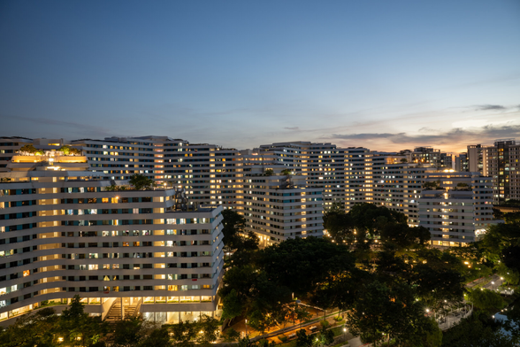 HDR photo of a Singaporean HDB (public housing) building at sunset.