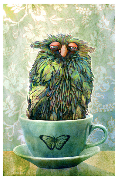 Set against a wallpaper backdrop of pale flowering vines, a porcelain teal teacup sits on a plate. In the cup, a sleepy, feathered green-blue monster tilts slightly sideways, Its large droopy eyes and large pink nose look out in a drowsy gaze.