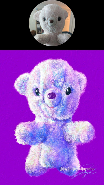 Photo of a stuffed teddy bear in a circle at the top. Below is a brightly colored painting of rhe same plush teddy bear. The artist's signature and watermark @joyousjoyfuljoyness are at the bottom right.