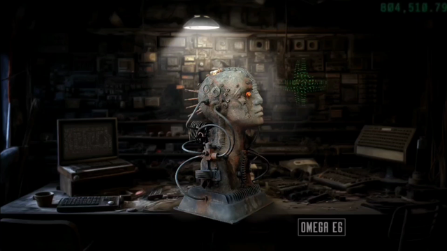 A biomechanical head on a dystopisn desk.