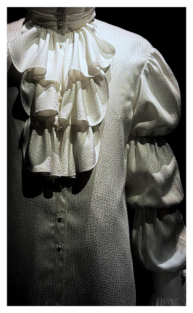 Prince’s elaborate white polyester shirt against a black backdrop, on display at the Metropolitan Museum of Art. Closeup on the torso and left sleeve (viewer’s right), speckled with see-through dots. Prominently featured is a fall of layered ruffles (a.k.a. a jabot) hanging from a high collar with pearl buttons. The sleeve (along with the unseen one) is puffed and gathered in sections in a 19th-century style. The lighting emphasizes the dotted texture of the embroidered fabric and the play of light and shadow on the sleeve and ruffles.

From the text on the museum placard:

Marie France (French, b. 1945)
Louis & Vaughn (American, founded 1981)
Louis Wells (American, 1957-2018)
Vaughn Terry Jelks (American, b. 1950)
Shirt worn by Prince, ca. 1984
White dotted polyester jacquard