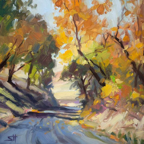 Art print of an original oil painting depicting a country road in autum.
