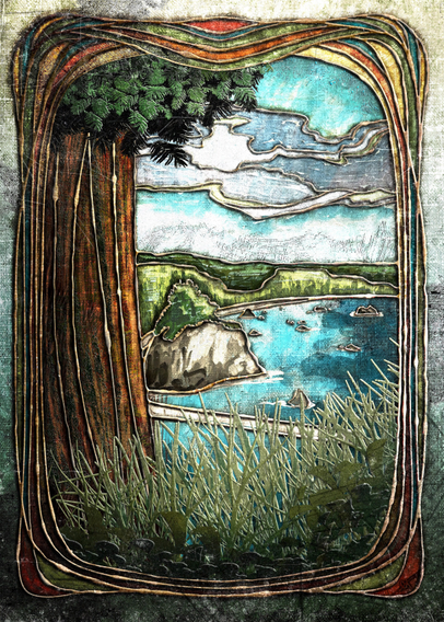 Art piece done in an Art Nouveau style with heavy textures featuring a coast line and a redwood tree and grasses. Predominant colors are browns, greens, teal, blues, and oranges.