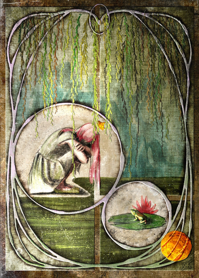 Illustrated moment from the fairy tale, The Frog Prince (or The Princess and the Frog) done in a heavily textured art nouveau-inspired style. A princess in a contemporary dress and pink hair kneels in front of a green pond as a frog on a lily pad sits between her and her golden ball. Willows descend from the top of the image.