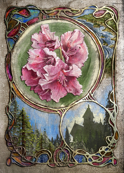 Illustrated image of a Art Nouveau-styled heavily textured composition featuring a rhododendron bloom, a coastline, redwood trees, and the silhouette of the Carson Mansion.