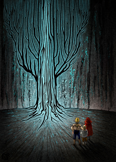 Fantasy Illustration of three children looking at a blue/teal glowing "glyph" tree that radiates a cold aqua light. Their backs are to the viewer, and the tree encompasses most of the picture plane. Overall mood is one of epic wonder.