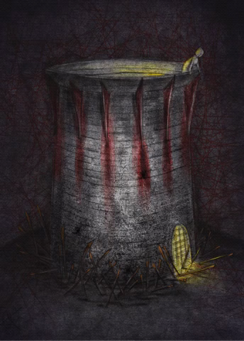 Illustrated GIF of a dark silo tower, dripping red rust from the balustrades and surrounded by spears. On the top of the open "roof" area a figure looks down.  At the bottom of the tower is a gated entry portal. Yellow light radiates upward on the roof and outward through the gate, waxing and waning in intensity. Overall mood is one of danger and darkness and fear.