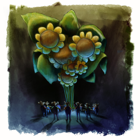 Illustration of a group of overall-wearing mice holding hands while looking at a giant tree of large flowers, lit from below in a pale blue light.
