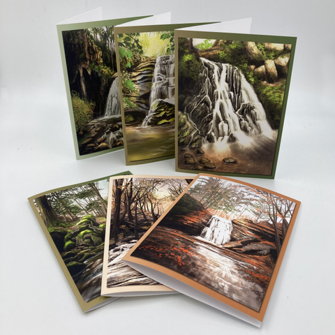 Product mockup pic of a series of waterfall greeting cards.