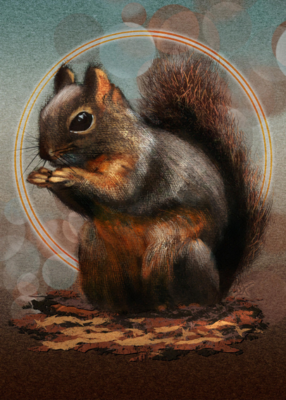 Illustration of a Douglas Squirrel, munching on something in its paws. Behind it is a paper texture with gradients at the top and bottom, as well as a bokeh lighting effect and a double halo of light. Predominant colors are orange, brown, black, grays, and soft teal blue.