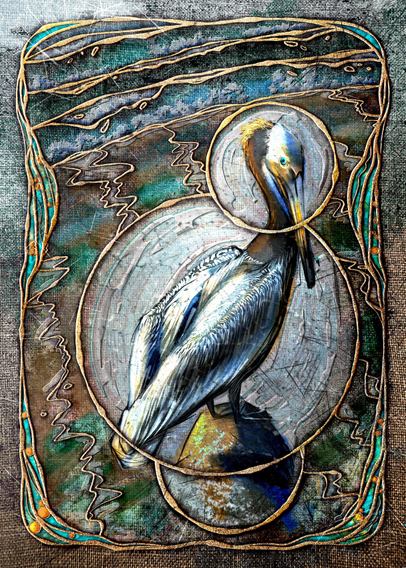 Illustration of a Pelican perched on a rock amidst rolling waves and watery sand. Done in a heavily textured art nouveau style with greens, blues, golds, and browns as the predominant colors.