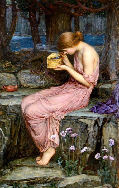 The Pre-Raphaelite oil painting "Psyche Opening the Golden Box" by John William Waterhouse. The painting depicts the mythological figure Psyche, a woman with reddish-blonde hair in a pink classical gown, sitting barefoot on a stone ledge in a dark forest. She is leaning over a small, ornate golden box, having just opened the lid to peer inside. A faint wisp of smoke escapes from the box. The scene is quiet and suspenseful, capturing a moment of fateful curiosity.