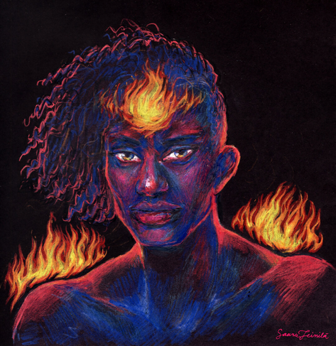 a portrait drawing of a male sorcerer surrounded my flames