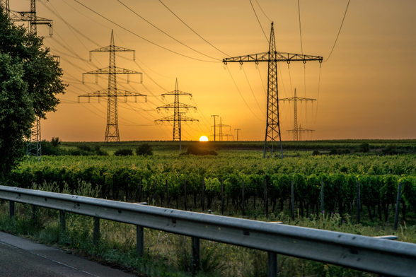 Freileitungsstromtrasse mit mehreren Masten im abendlichen Sonnenlicht.