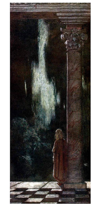 A young woman is seen from the back, standing next to a tall column and staring out into the night, where the moon illuminates a cascade.