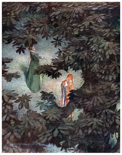 A woman is seen from above, through the branches and leaves of a tree, as she gestures at her interlocutor.