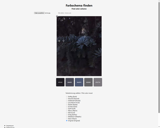 Auf einer Webseite gibt es eine Möglichkeit, Farben aus einem Bild zu extrahieren. Hier im Beispielbild sieht man das Bild von Tannenspitzen einer Blautanne. Darunter befinden sich fünf Kästchen mit Farben aus dem Bild. Mit einer Liste lassen sich die Farben anpassen. Mit kleinen Kreisen kann man auf dem Bild eine der fünf Hauptfarben genau auswählen.