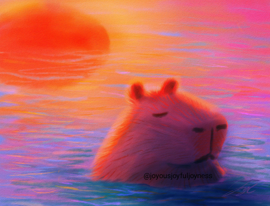 Painting if a capybara resting in water with the neon sunset behind it. The artist's signature and watermark @joyousjoyfuljoyness are at the bottom right.