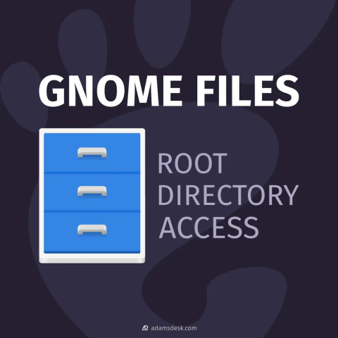 A strong title of 'GNOME FILES' sits next to a blue and white filing cabinet with a subtitle of 'Root Directory Access' against a dark purple background with a faint GNOME foot print.