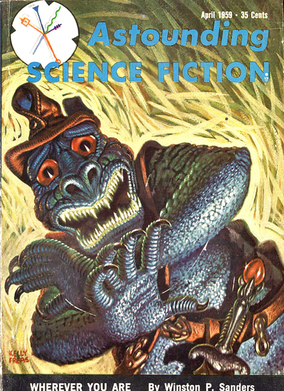 A crocodile/lizard creature wearing a hat and a sword on a bandolier is cowering in fear looking out of the image. The background is long vegetation like rushes or grass.
Astounding Stories magazine cover from 1959.
