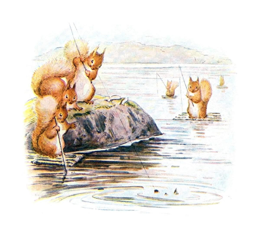 Squirrels are seen fishing in the middle of a lake, some standing on a rock while others are on small rafts.
