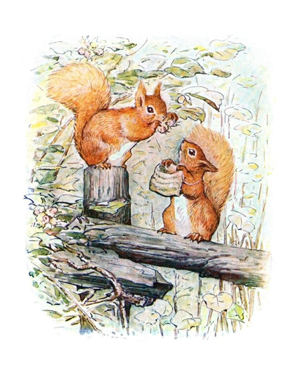 Two squirrels are sitting on a wooden fence: one has just picked a couple of hazelnuts, while the other looks up at the first, holding out a tiny bag.